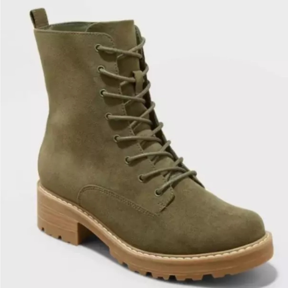 Olive Green Lace-Up Ankle Boots
